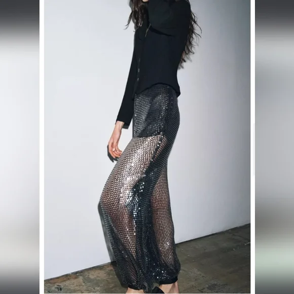 Zara Black and Silver Sequin Wide-Leg Pants - Picture 5 of 9